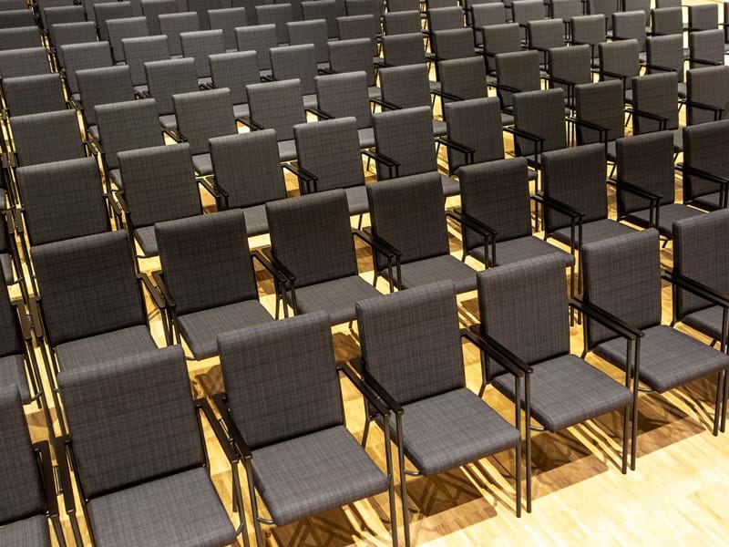 500 chairs dressed in Svensson fabric Ink in the remodeled congress hall in Borås, Sweden